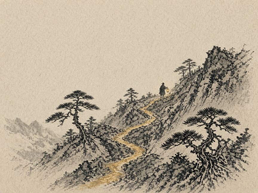 Ink-brush painting of a path winding up a mountain.