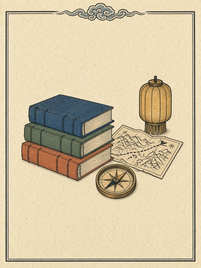 Ink-brush painting of a Korean study: stacked books, a brush and a lantern on a low desk.